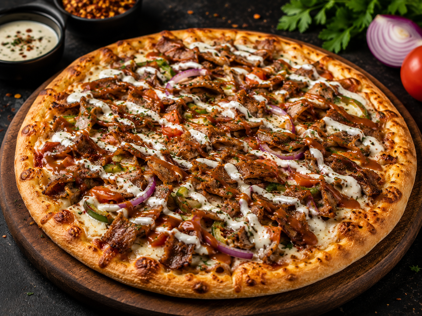 Pizza toppad med kebab och sås